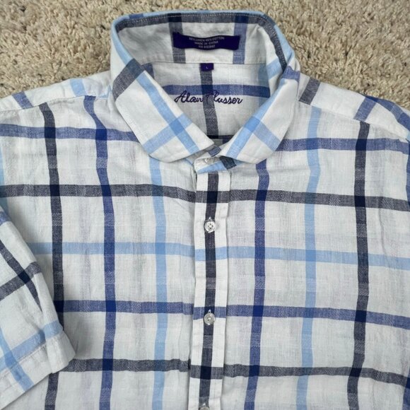 Alan Flusser Linen Blend Shirt Men Large Short Sleeve Button Up White Blue Check - Picture 1 of 6